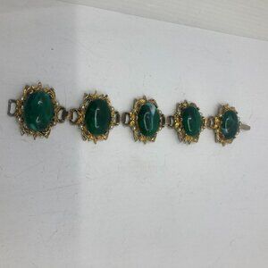Vtg '60 SELRO SELINI ? chunky green lucite cabochon faux pearl bracelet